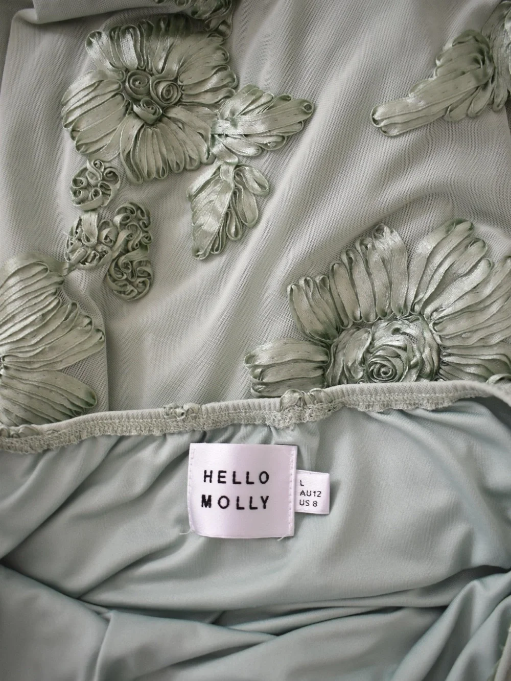Hello Molly LOVE NOTES ONLY LONG SLEEVE Mesh MINI DRESS SAGE size Large - Picture 7 of 7